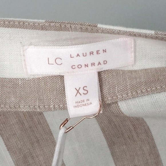 New LC Lauren Conrad Tan White Striped Pleated Ruffle Button Up Linen Top XS - Picture 5 of 8